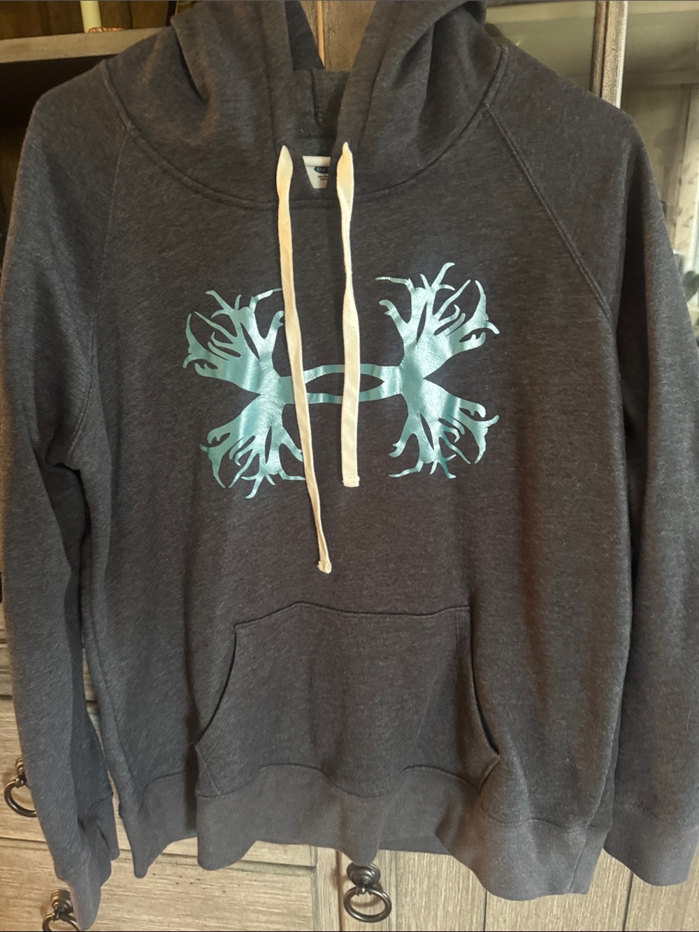 Old Navy Dark Gray Hoodie with Teal Graphic
